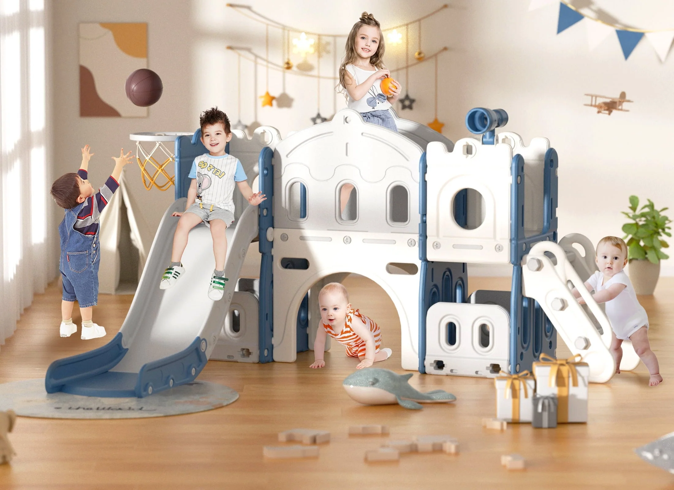 8 in 1 Toddler Slide with Climber, Kids Slide for Toddlers Age 1+,Basketball Hoop,Tunnel and Storage Space,Slide Toddlers Playset playground Outdoor Indoor play Set Image 7