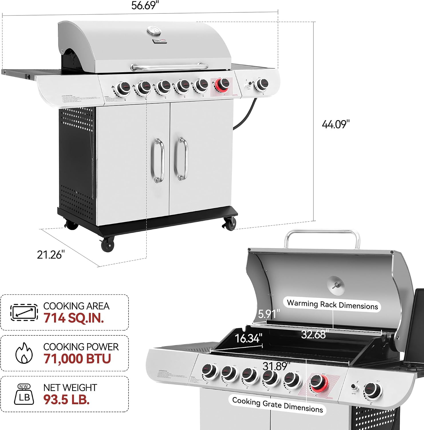 Royal Gourmet SG6002R 6-Burner Propane Gas Grill with Side Burner, Silver