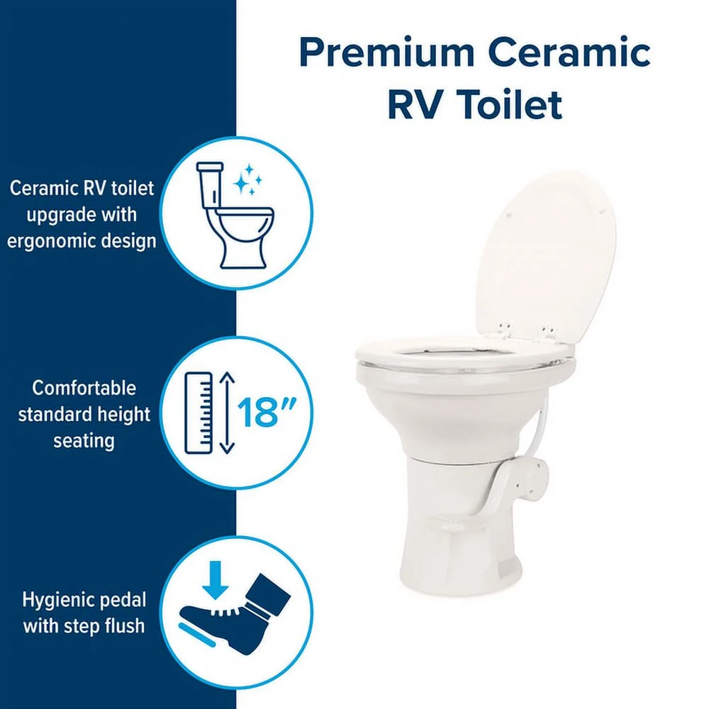 Camco Premium Ceramic Camper/RV Toilet | Features Gravity Flush System with Convenient Foot Pedal | Full - Sized Ergonomic Design with 18