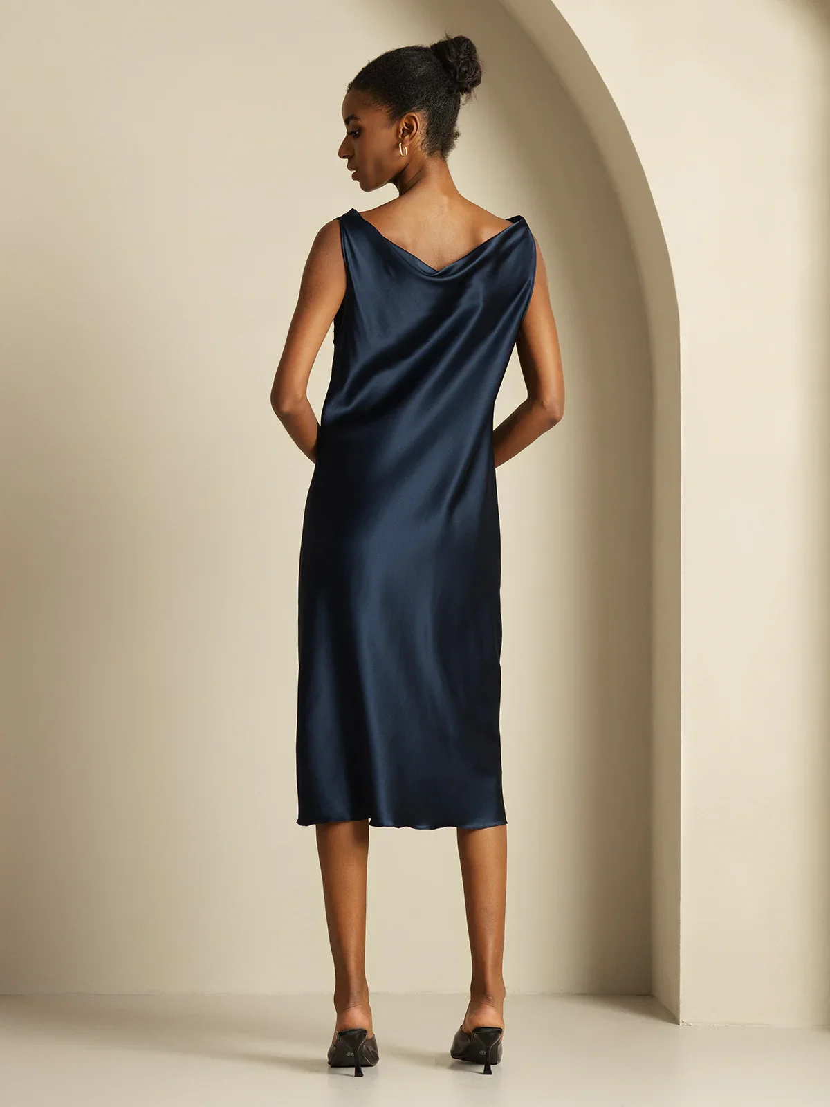 19Momme Silk Sleeveless Cowl Neck Knee Dress