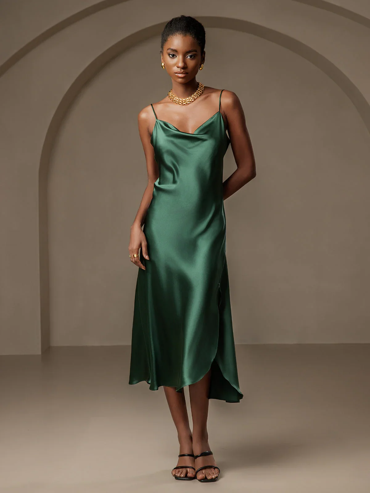 Pure Silk Spaghetti Strap Cowl Neck Bias Midi Dress with Split Design