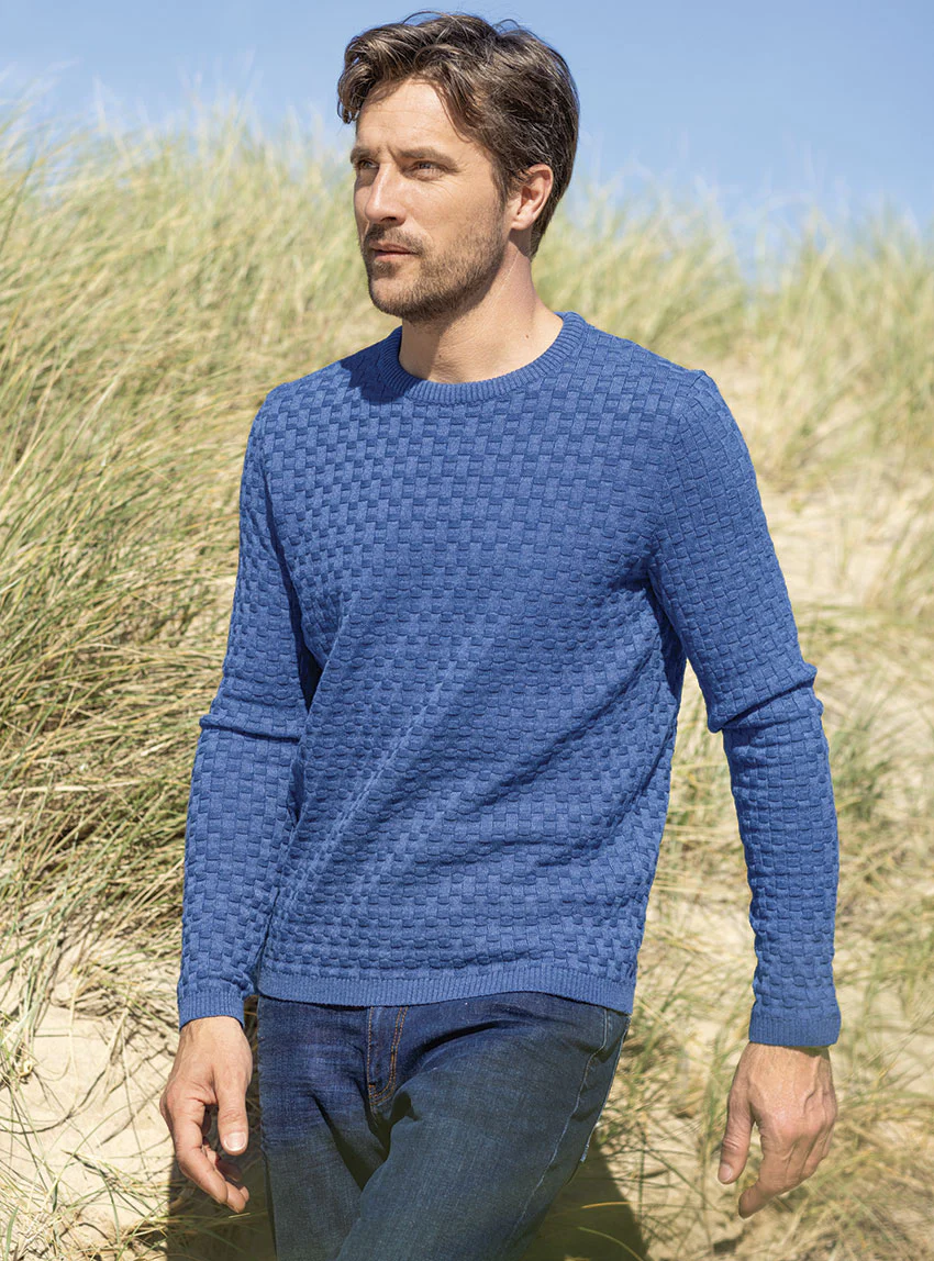 Pull homme damier en laine bleu jean