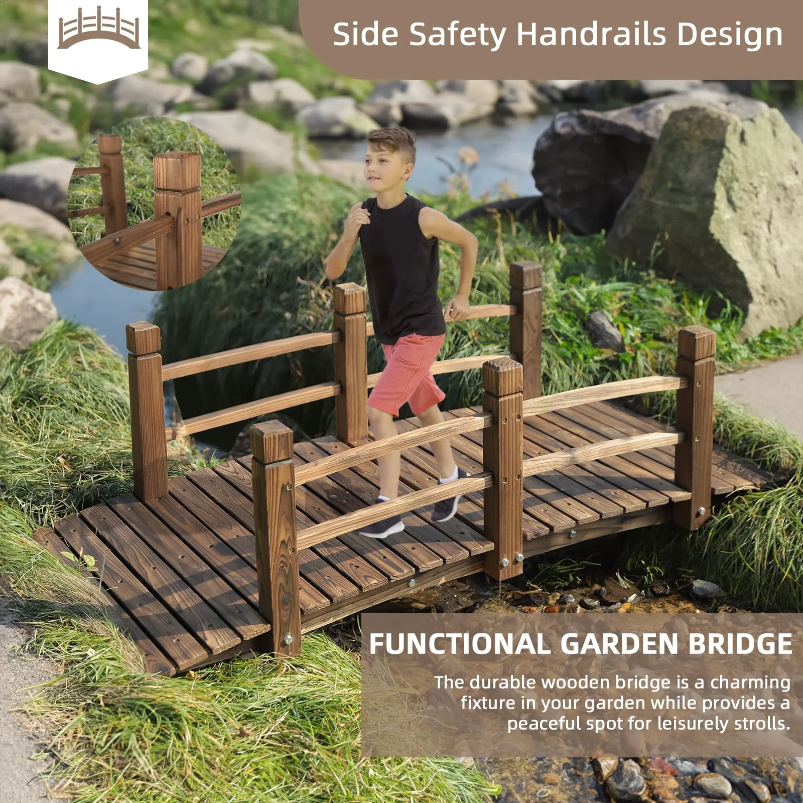 Wooden Garden Bridge Classic Wood Arch Stained Finish Footbridge with Safety Railings, 530 lbs Capacity, Decorative Pond Bridge Landscaping for Outdoor Garden Backyard Creek Farm, Carbonized