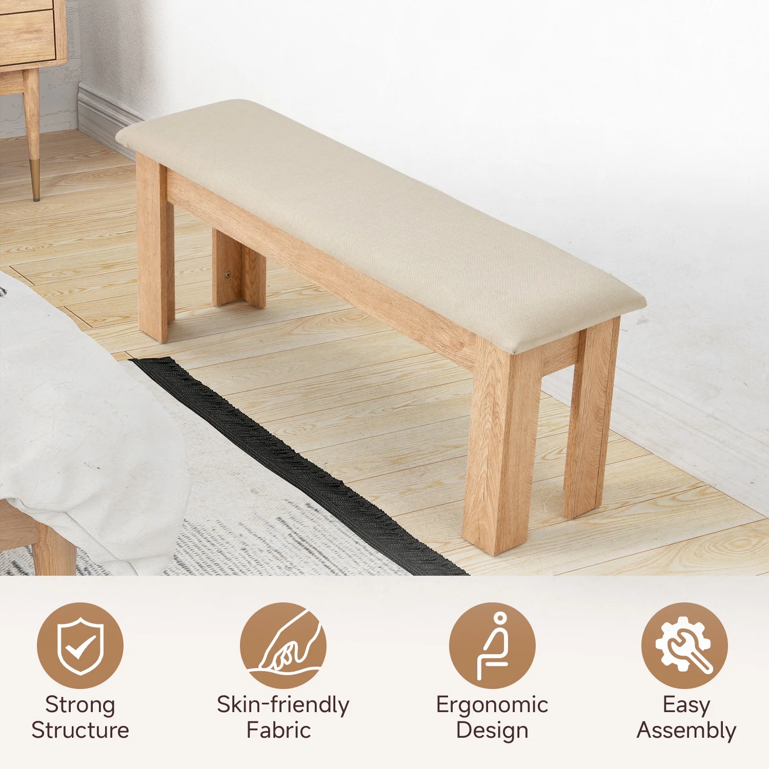 44" Dining Room Bench Set of 2, Wood Linen Fabric Kitchen Benches, Beige Natural(Beige Bench) - Image 8