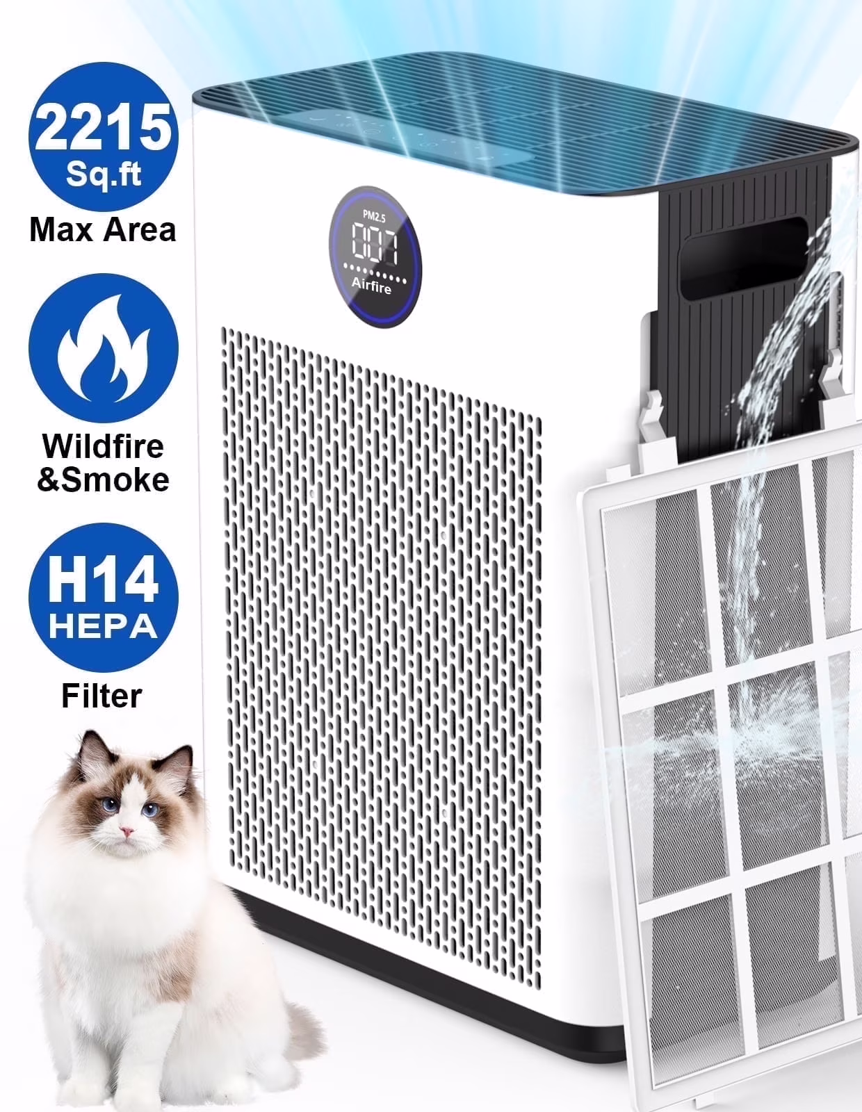 H14 HEPA Air Purifiers for Home up to 2215 Sq.ft, Air Purifier for Allergies and Asthma, Pollen, Wildfire/Smoke, Pet Dander Odor, Dust, AP304, White(AP304(Normal Version))