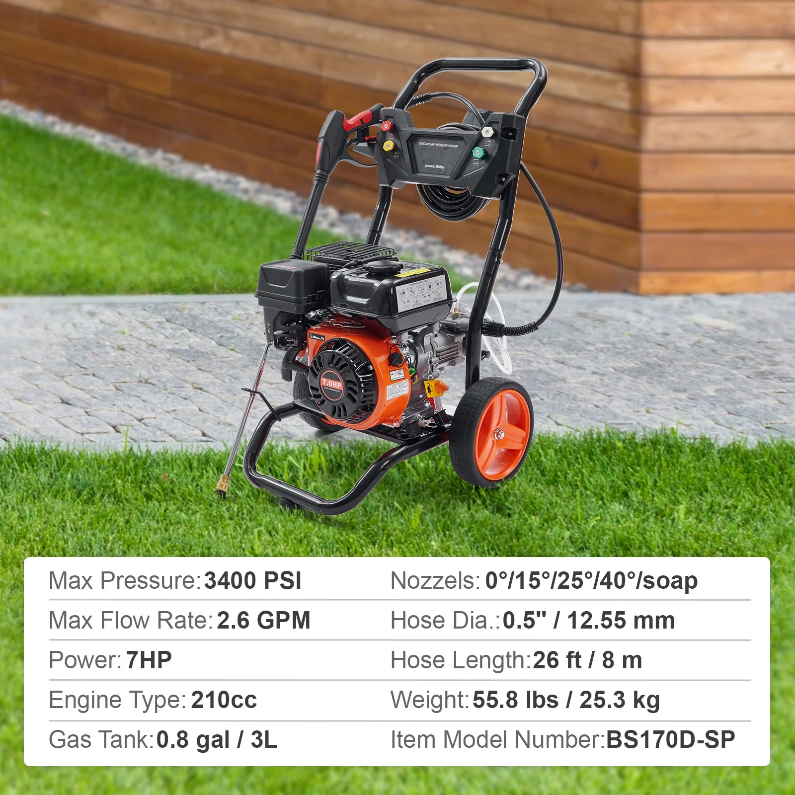 KFFKFF 3400 PSI 2.6 GPM Gas Pressure Washer, Equipped with 26 Ft High Pressure Hose, 5 Quick Connect Nozzles, Spray Gun and Extension Wand, Suitable for Washing Vehicles, Residences, Driveways