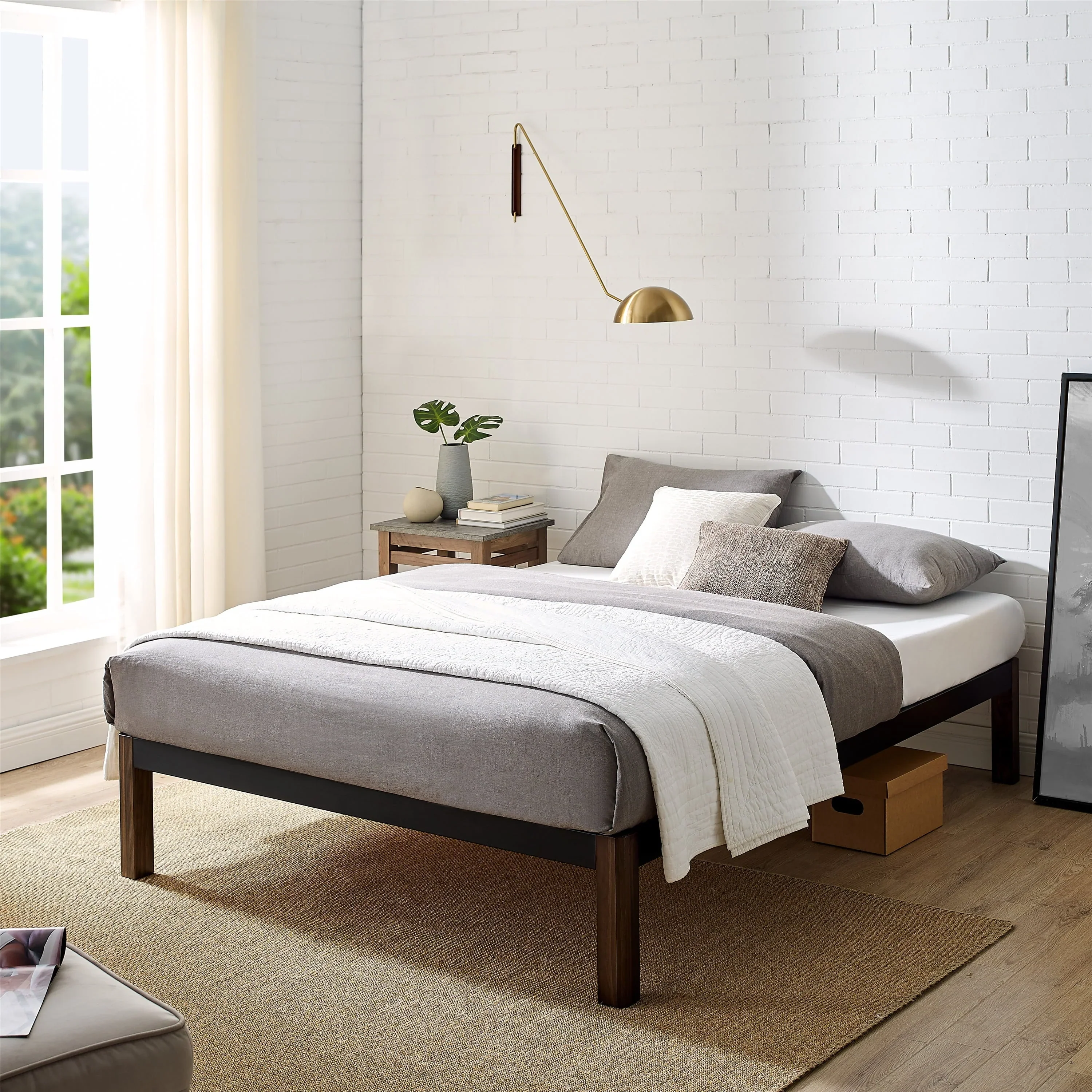 Mainstays Wood Slat Black Metal Platform Bed Frame with Wood Legs, Queen
