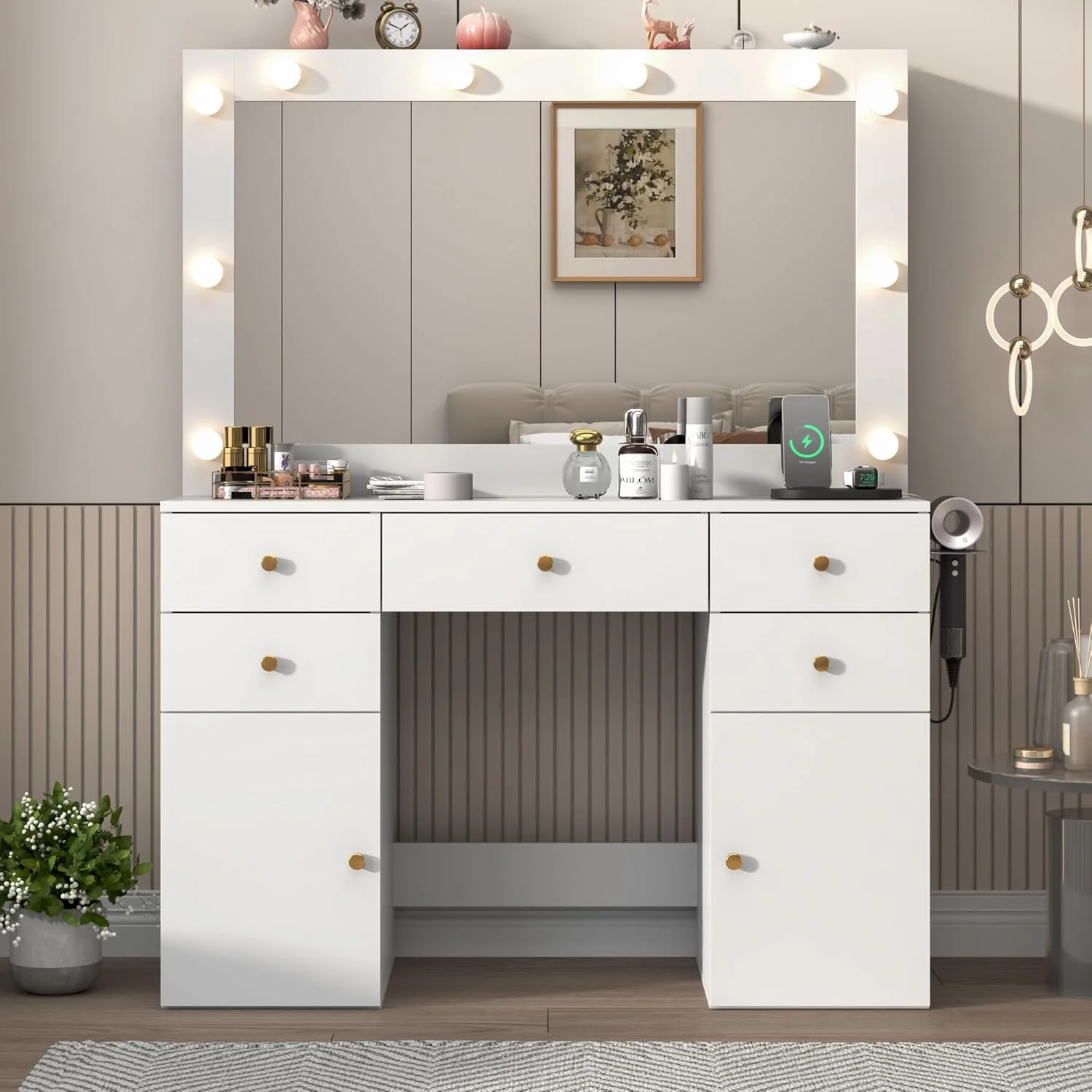 White Vanity Desk with Large Lighted Mirror Power Outlet, Makeup Vanity Table with Glass Top Drawers, Sliding Storage, 44.1" Large Makeup Vanity Table for Women Girls, White(White) - Image 9