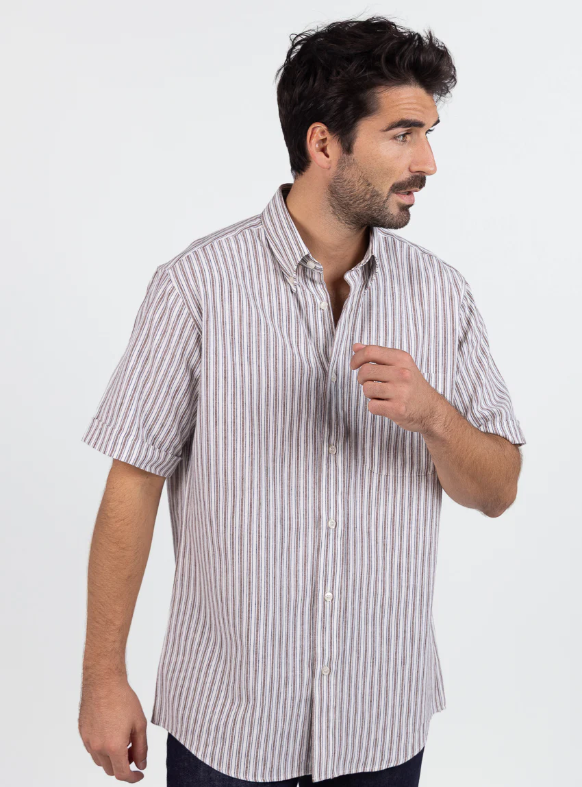 Chemise estivale homme coton rayé marron
