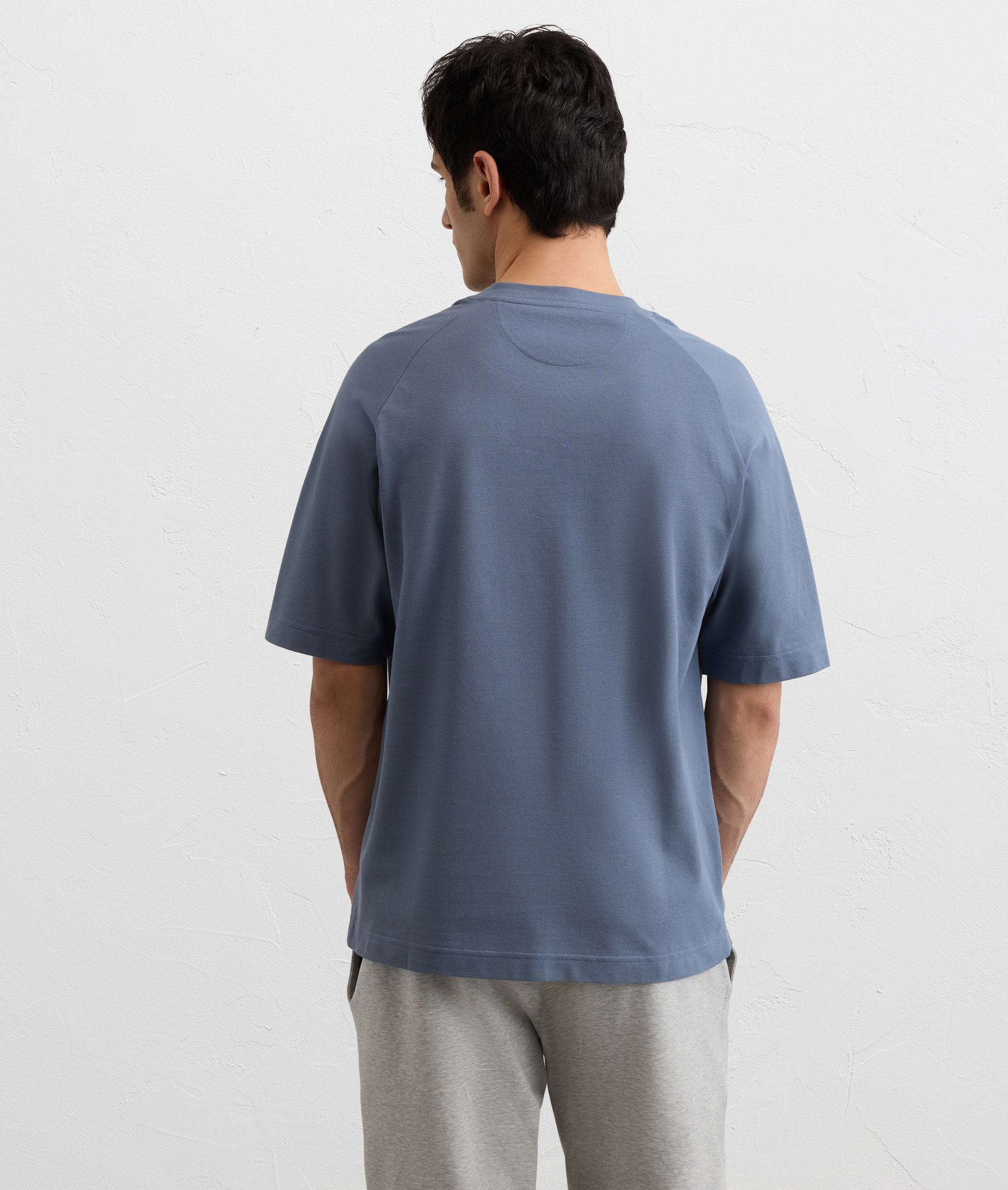 LIGHT BLUE DOUBLE FACE COTTON JERSEY T SHIRT WITH SHORT RAGLAN SLEEVES