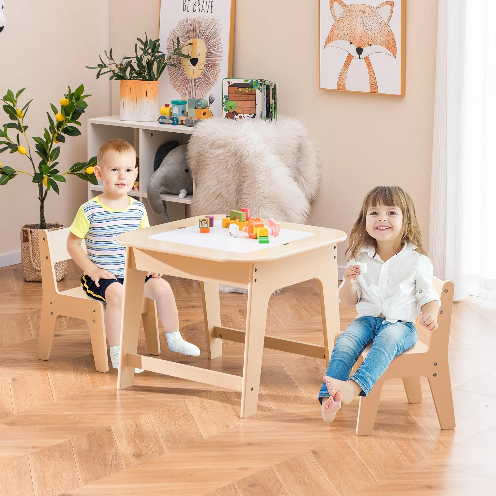 Kids Table and Chair Set, 3 in 1 Wooden Activity Table with Removable Tabletop, Blackboard and Whiteboard for Toddlers Arts Crafts Drawing Reading Playing, Playroom Nursery (Natural)(Natural) - Image 4