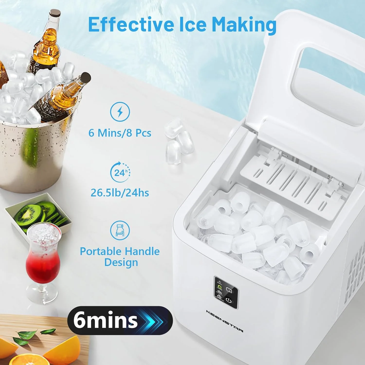 Countertop Ice Maker, Portable Ice Maker Machine 26.5lbs/24Hrs, 8 Bullet Ice Ready in 6 Mins, Self-Cleaning Handheld Ice Maker with Ice Scoop, Ice Basket for Home Kitchen Office RV Party