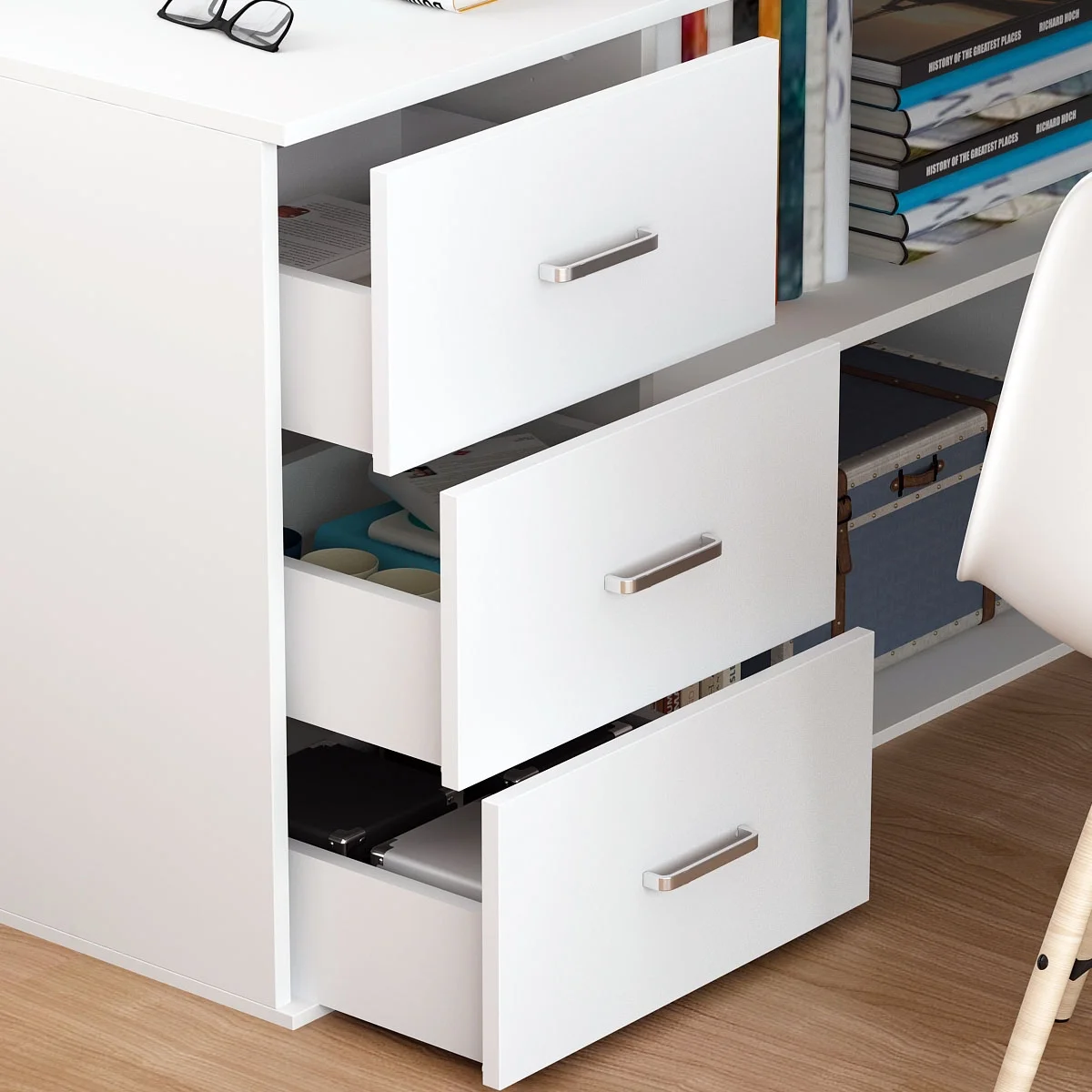 55" White L Shaped Desk with Storage Shelf Corner Office Writing Desk Study Workstation Table(White) - Image 5