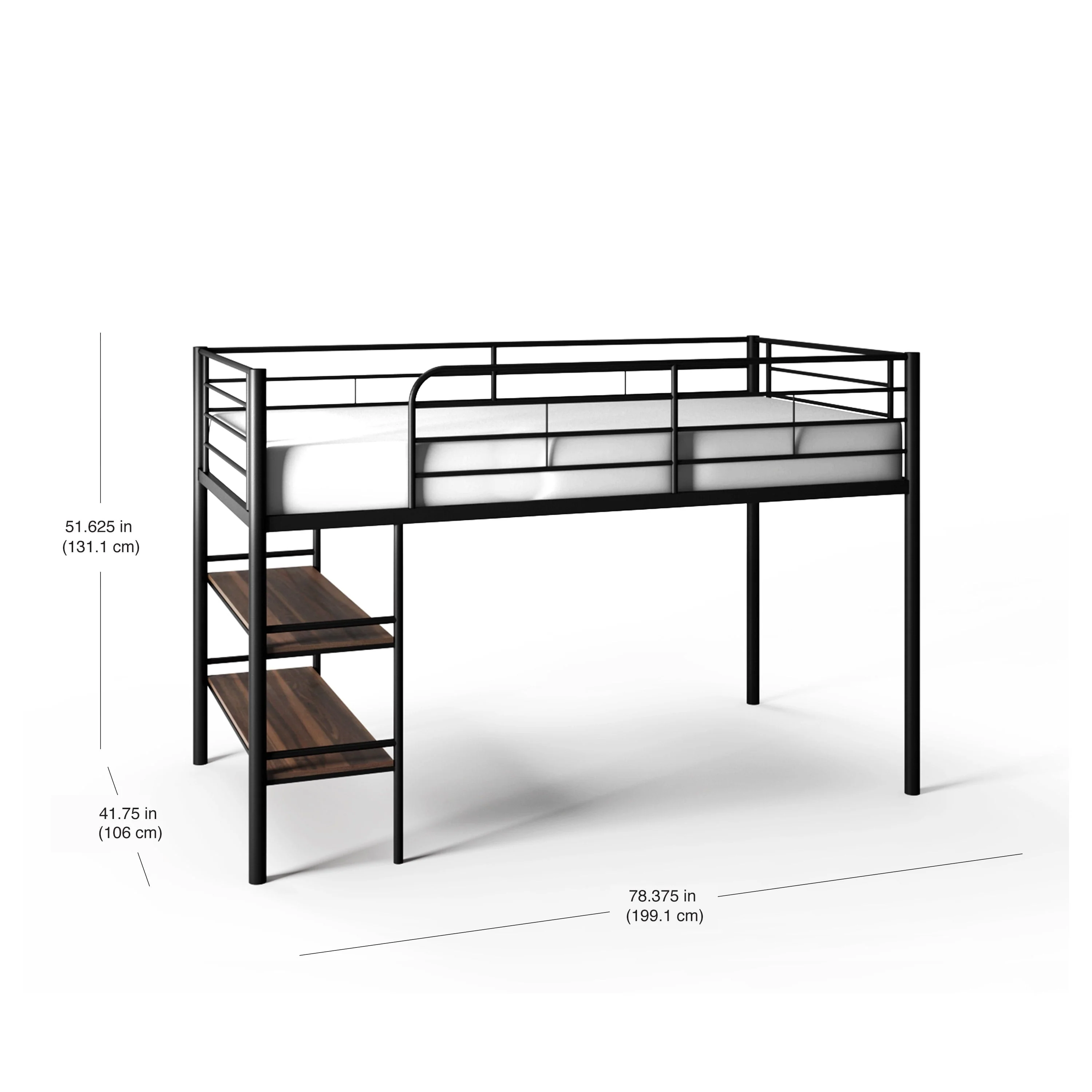 Your Zone Beckett Kids Metal Twin Loft Bed with Open Book Shelf, Multiple Finishes(Black)