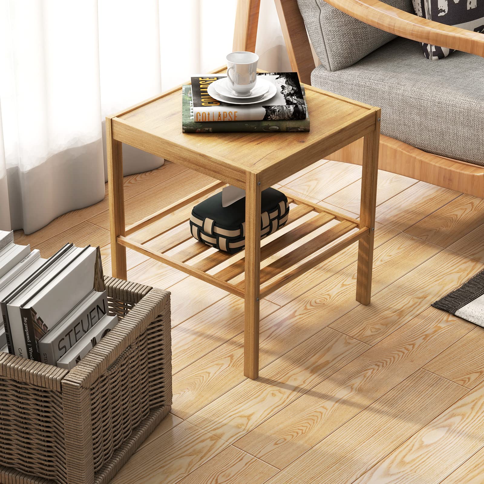Tangkula Bamboo Nightstand Set of 2