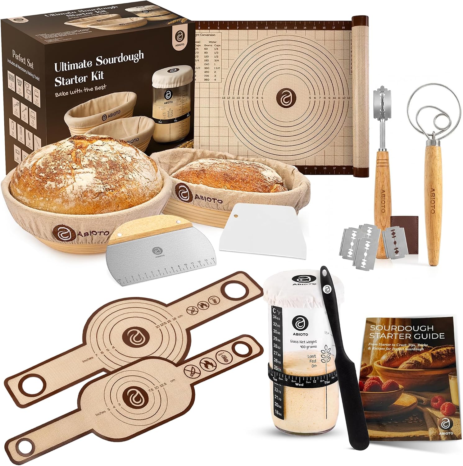 ABIOTO Banneton Baskets with Sourdough Bread Baking Supplies - 17-Piece Kit