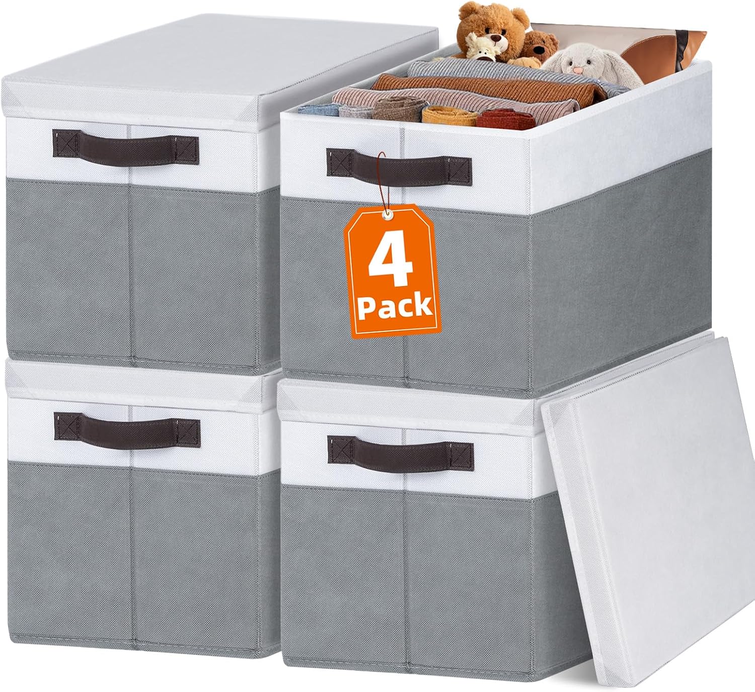 Large Closet Storage Baskets Bins with Lids 4 Pack, Storage Baskets for Organizing Shelves in Nursery Bedroom, Home Dorm Closet Organizers Cubes for Clothes Toys Blankets Books - Stackable - 14x10x9.5