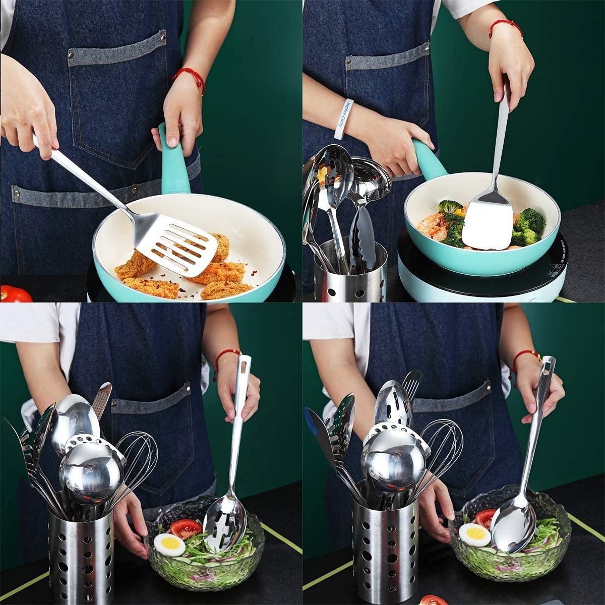 Stainless Steel Cooking Utensils Set, Berglander 13 Pieces Kitchen Utensils Set, Kitchen Tools Set With Utensil Holder Non-Stick And Heat Resistant, Dishwasher Safe, Easy to Clean (13 Pieces)