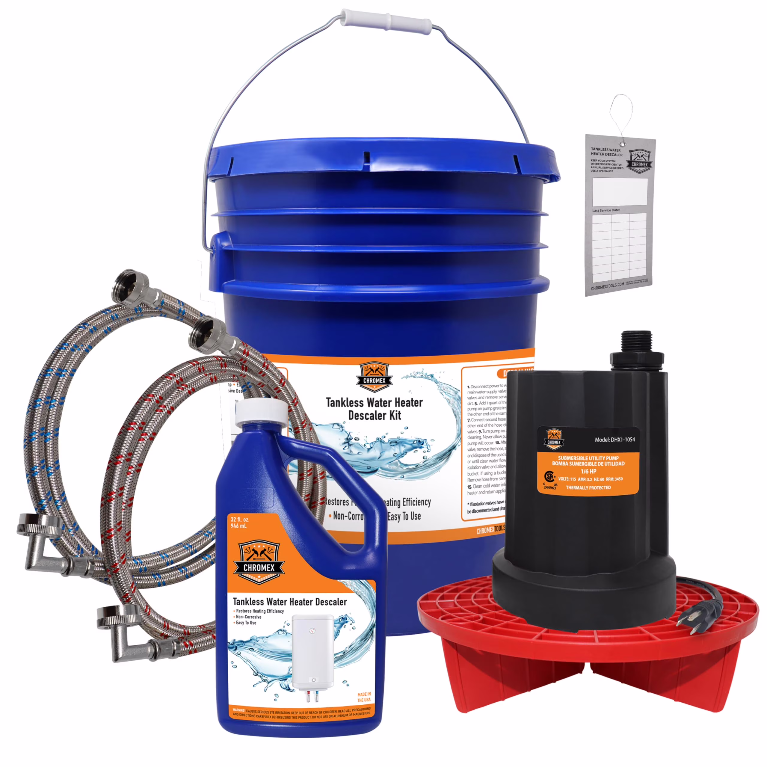 Tankless Water Heater Flush Kit with Certified Liquid Descaling Solution and Right Angle Inlet Hoses 1/6HP Extra Strength Pump