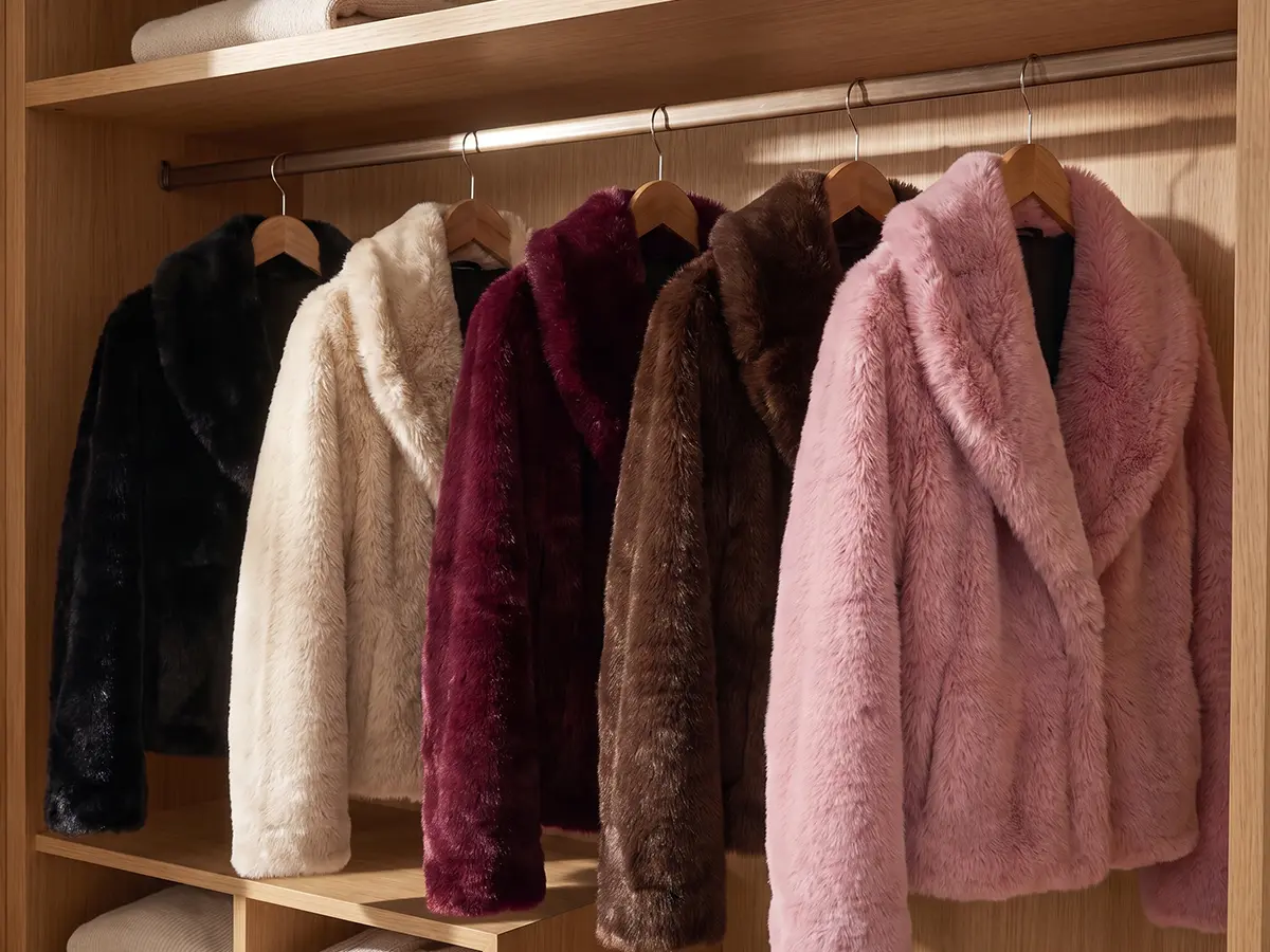 Long and short faux fur coats hanging in a wooden wardrobe