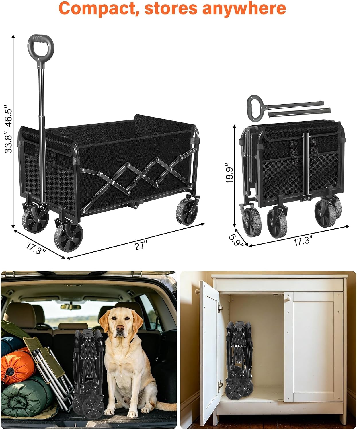Folding Wagon Cart with All-Terrain Wheels – Heavy Duty Collapsible Utility Wagon for Grocery, Sports, Garden, Camping, Shopping (Black 330LBS)