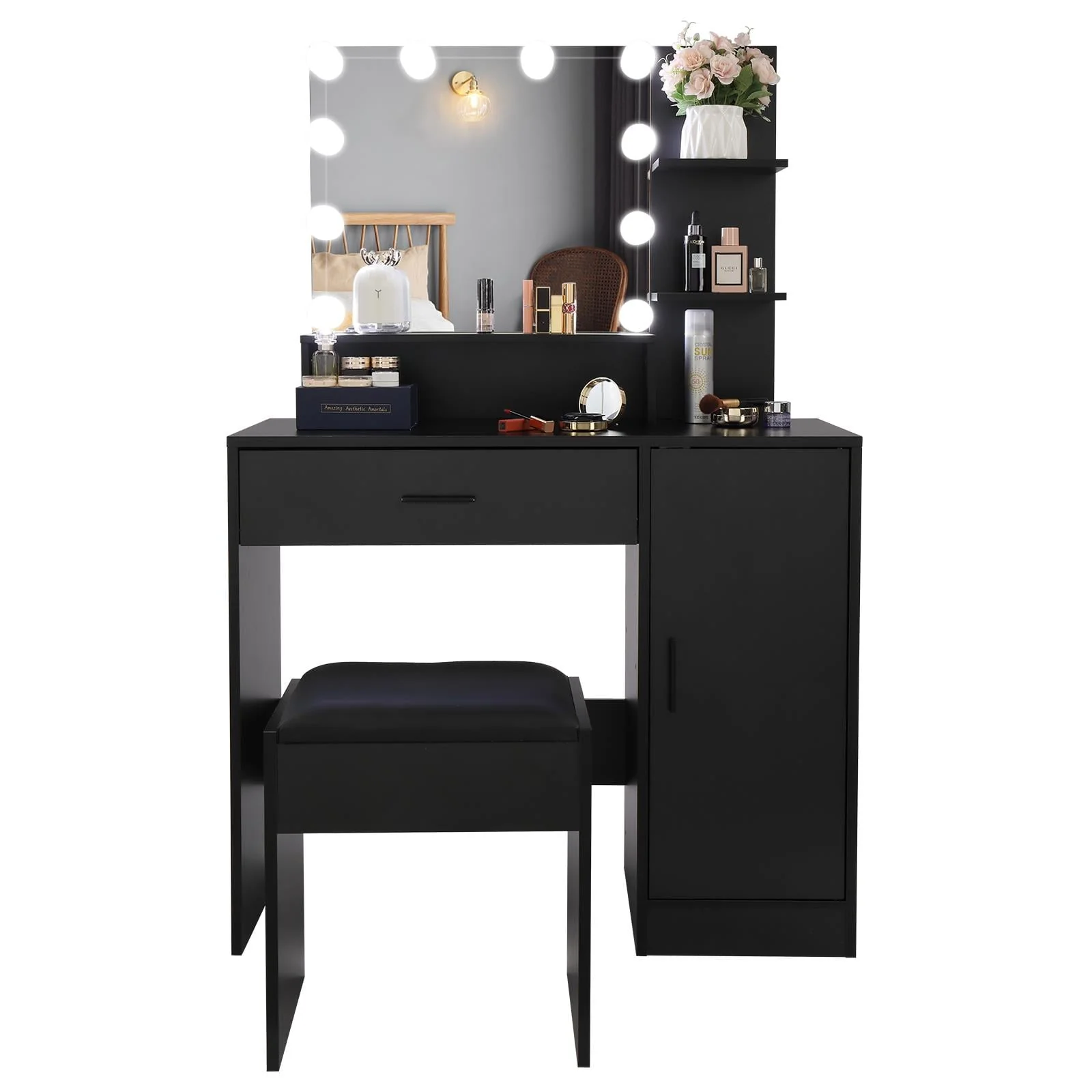 Vanity Set with 3 Color Lighted Mirror, Makeup Table with 3 Storage Shelves Drawers, Dressing Table Makeup Desk with Stool,White(Black)