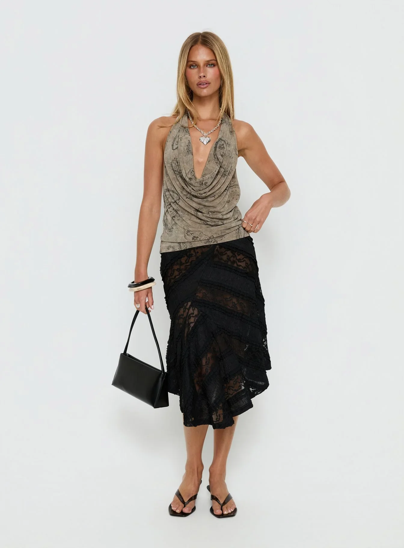 Constancia Asymmetrical Sheer Midi Skirt Black
