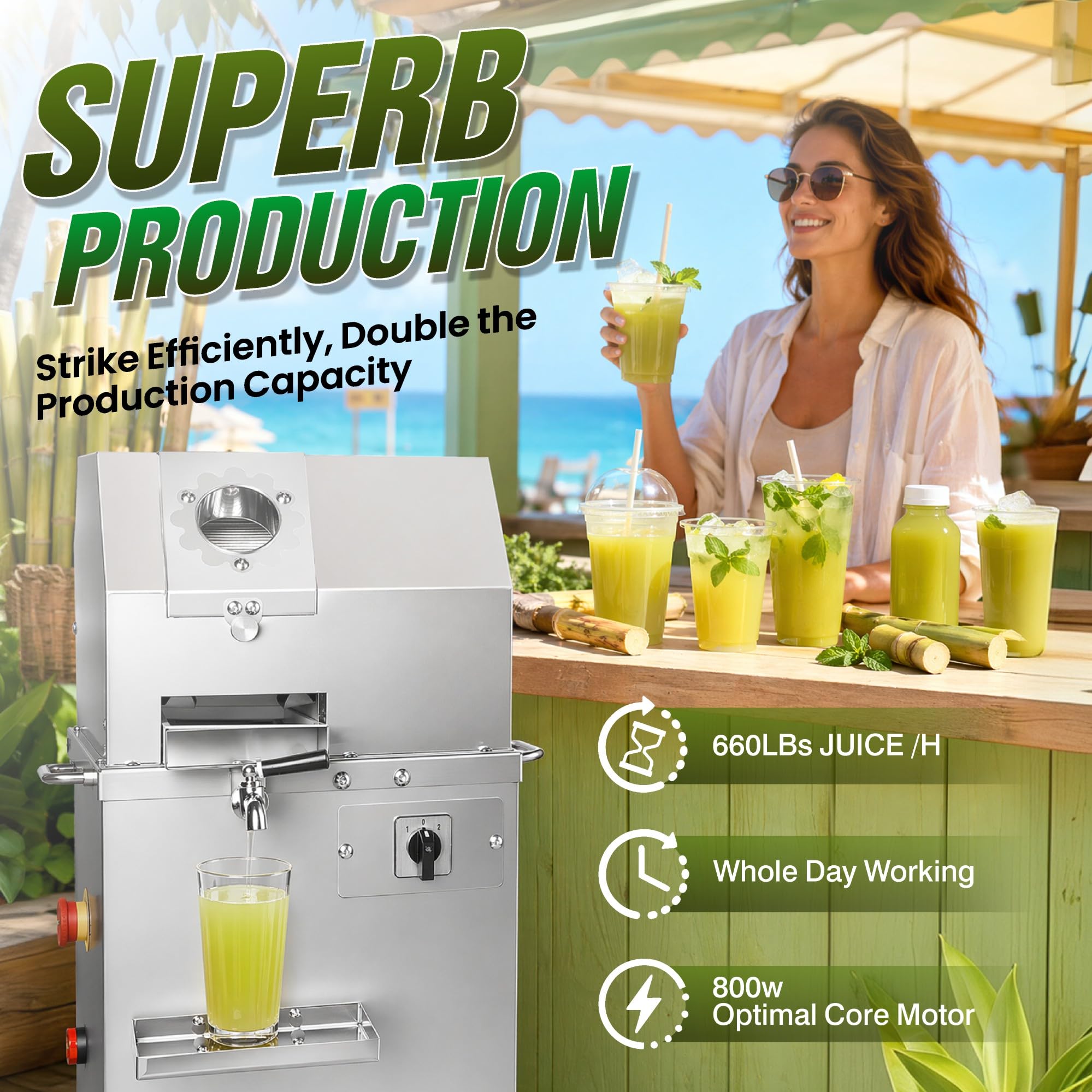 Sugar Cane Juicer Machine, 800W Commercial Sugar Cane Juicer, 3-Roller Stainless Steel Cane with Peeler, for Juice Bars, Restaurants, Cafes and Commercial Kitchens