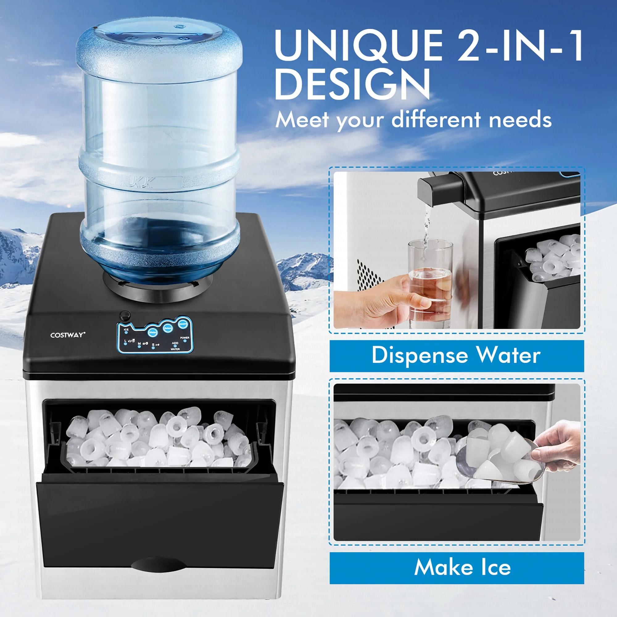 Costway 2 - in - 1 Stainless Steel Countertop Ice Maker Water Dispenser 48 lb/24H W/ Scoop