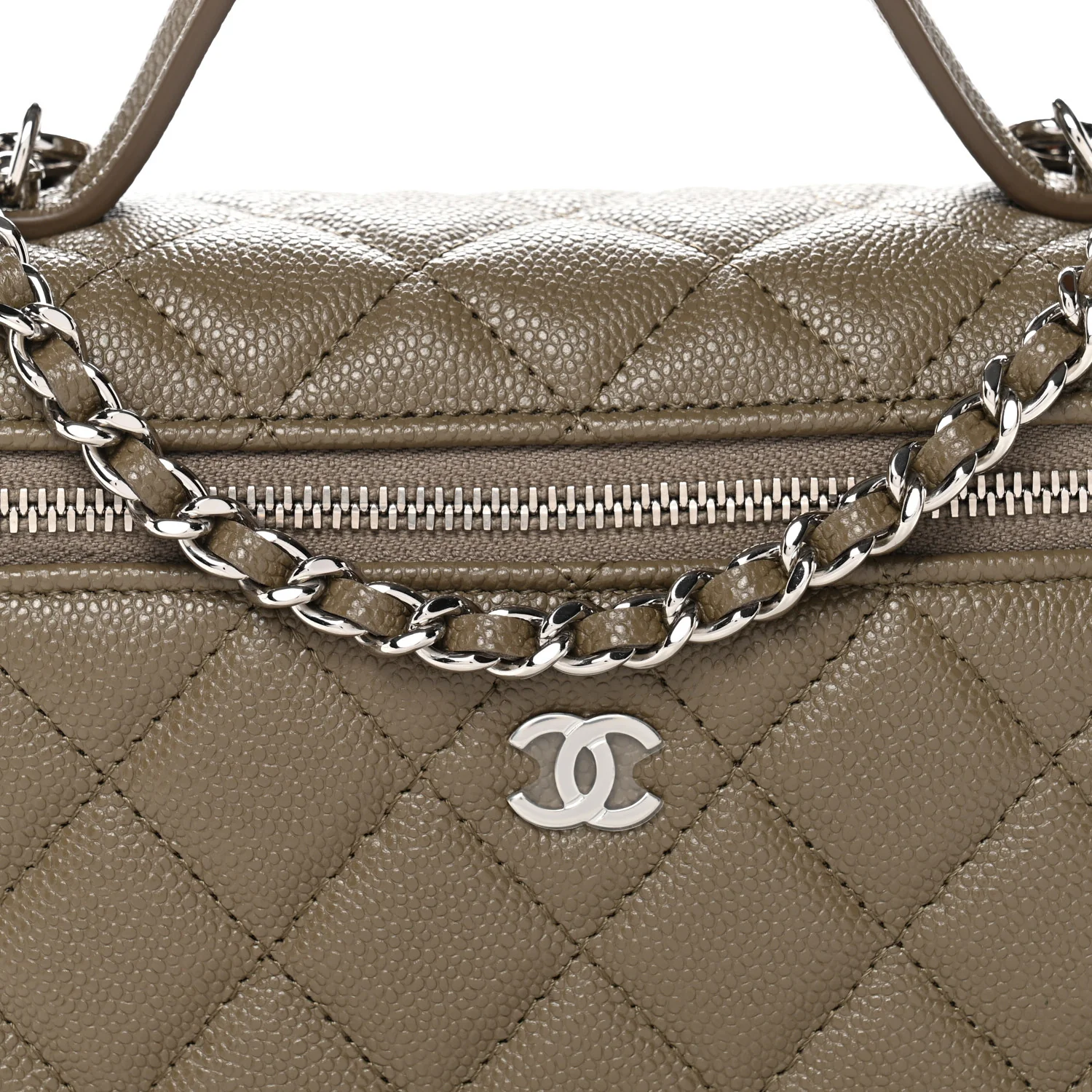 Caviar Quilted Top Handle Slim Vanity With Chain Dark Khaki