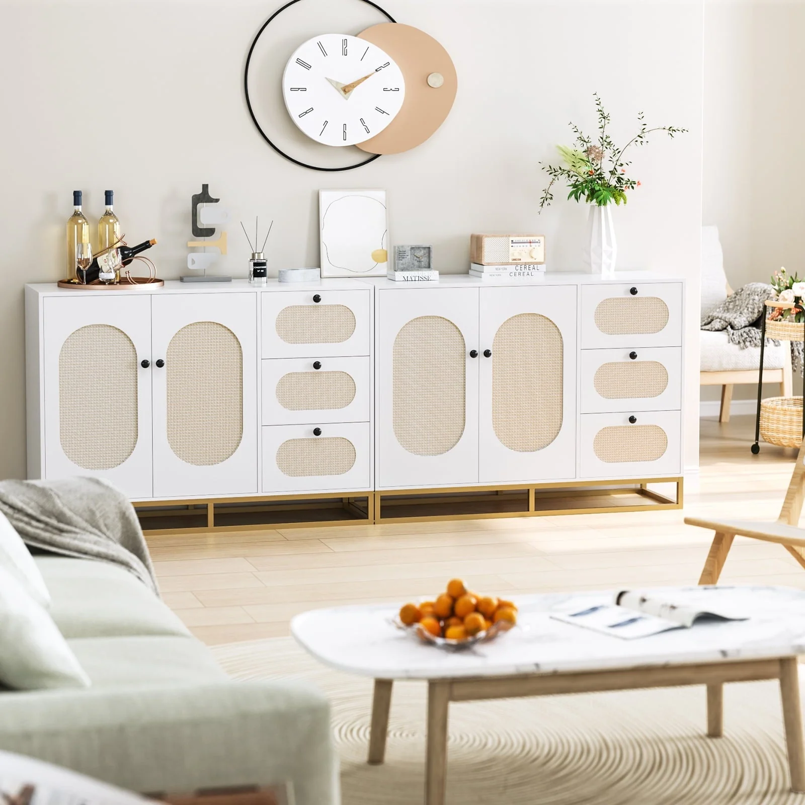 3 Drawers Accent Storage Cabinet, 34 2"H Gold Buffet Sideboard with Rattan Doors for Living Room, White Image 4