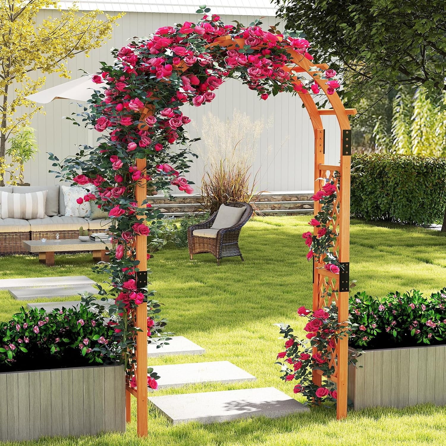 Moccha 7.7 FT Garden Arbor, 93 Wood Arbor Trellis for Climbing , Rose, Ivy, Outdoor Archway Pergola, Solid Wood Backdrop Stand, Garden Arch for Lawn Patio Bridal Party Pathway Ceremony Wedding