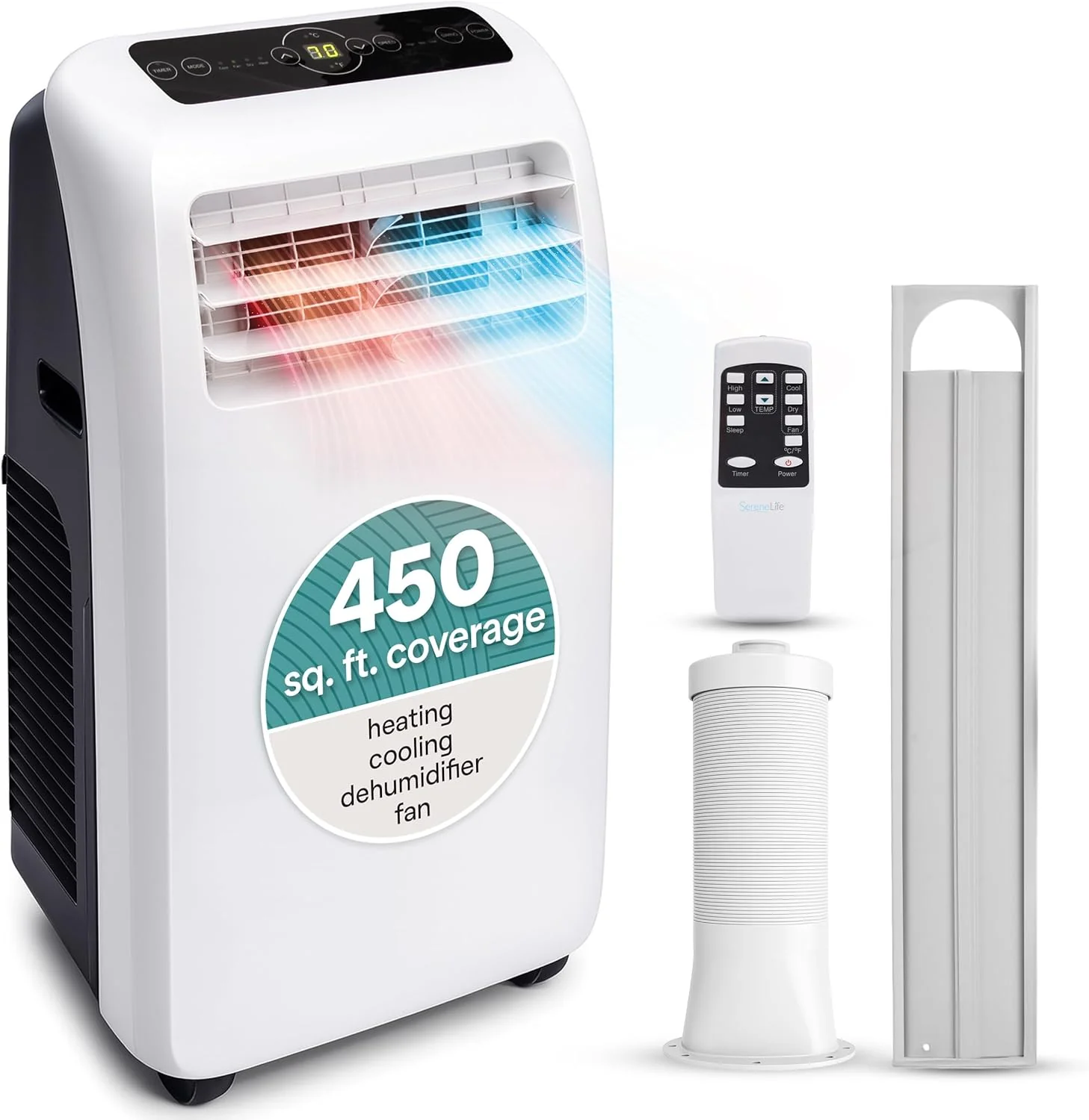 Climatiseur portable SereneLife 12 000 BTU avec déshumidificateur intégré - Unité de climatisation portable pour pièces jusqu'à 51 m² - Télécommande, kit d'évacuation pour montage sur fenêtre