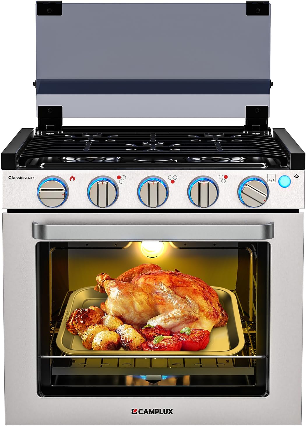 Cuisinière à gaz liquéfié pour camping-car, hauteur 53 cm (21 pouces), avec four et 3 brûleurs, idéale pour les camping-cars, appartements et mobil-homes, en acier inoxydable.