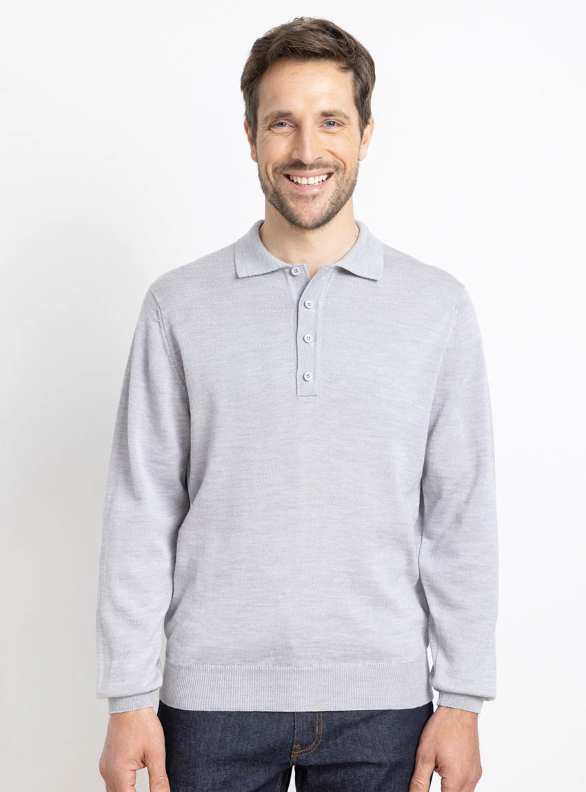 Pull homme col polo en laine gris givré