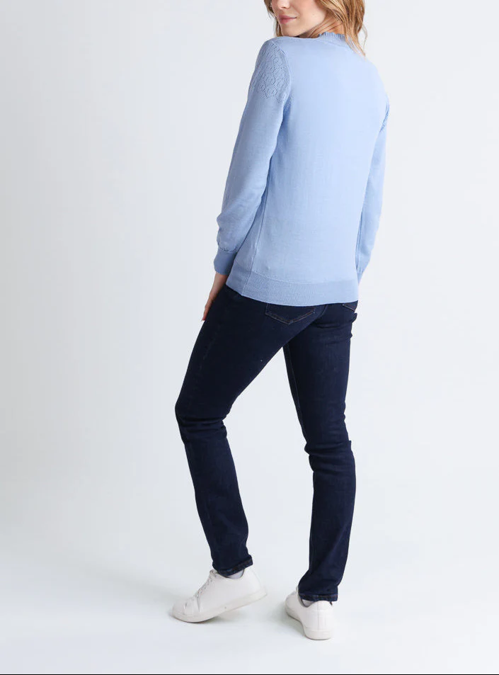 Pull femme col et maille fantaisie en laine mérinos bleu aster