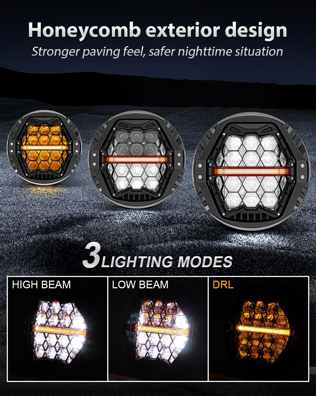 7 Inch 120W DOT Motorcycle LED Headlight Assembly with Amber DRL & Honeycomb Design (Hi/Lo Beam) for Harley-Davidson Touring/Softail Models/Kawasaki Vulcan Mean Streak