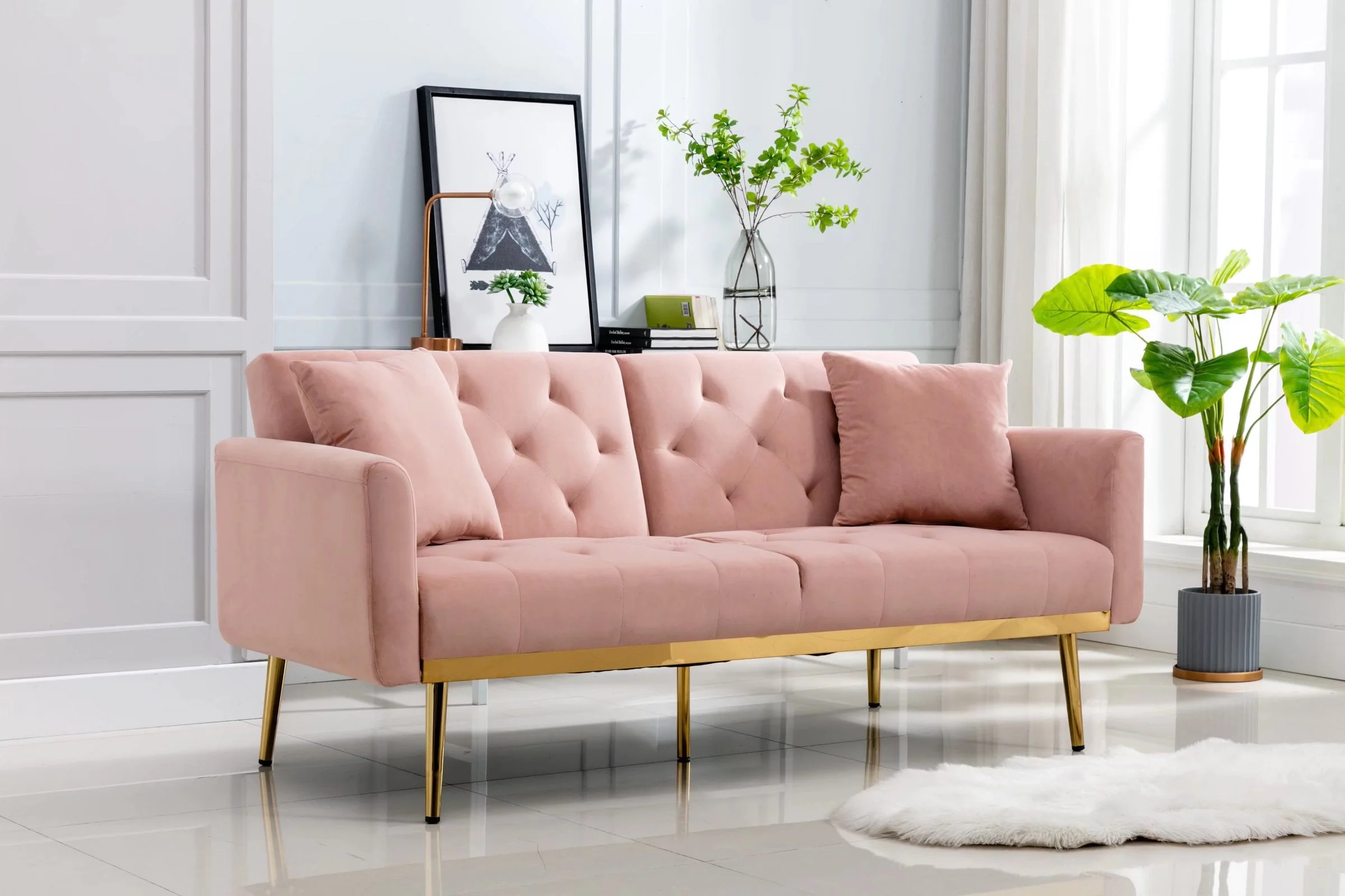 Morden Fort Pink Futon Couch Bed Upholstered Adjustable Convertible Sofa Velvet(Gray) Image 6