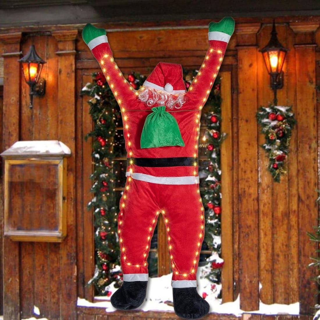 5.5 ft Large Christmas Hanging Santa Decorations Climbing Santa Claus with LED Warm Light Cute Cotton Stuffed Indoor Outdoor Home Door Wall Car