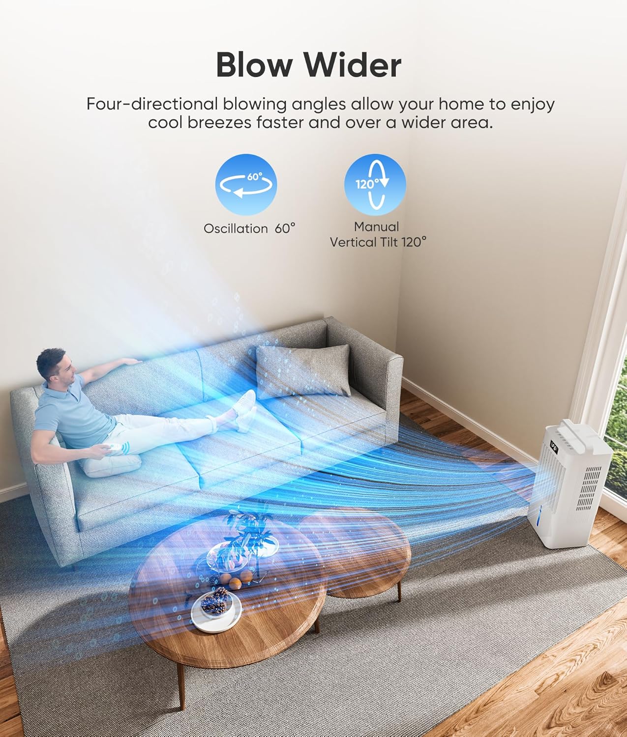 Climatiseur portable 3 en 1, rafraîchisseur d'air par évaporation, télécommande et commandes tactiles, oscillation 90° + 90°, écran LED, ventilateur de refroidissement pour intérieur et extérieur.