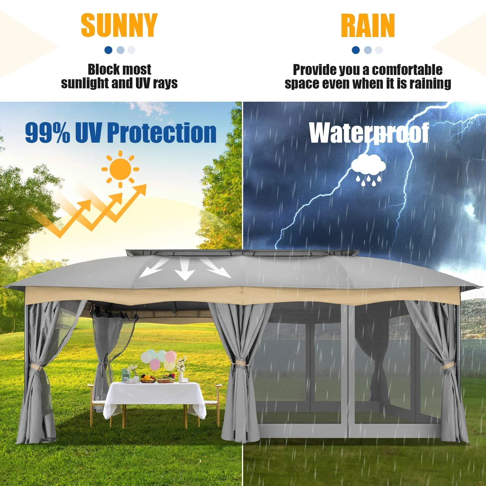 SANOPY 12x20ft Heavy Duty Gazebo with Metal Steel Frame Sturdy Tent with Privacy Curtain and Mosquito Netting Outdoor Gazebo for Garden, Lawn, Backyard, Garage,Gray