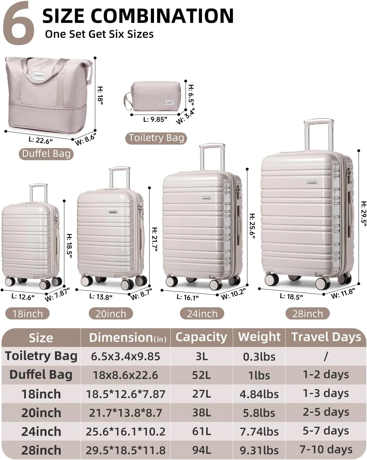 Ensemble de 6 valises, ensemble de valises rigides extensibles avec roulettes multidirectionnelles, ensemble de bagages à roulettes légers