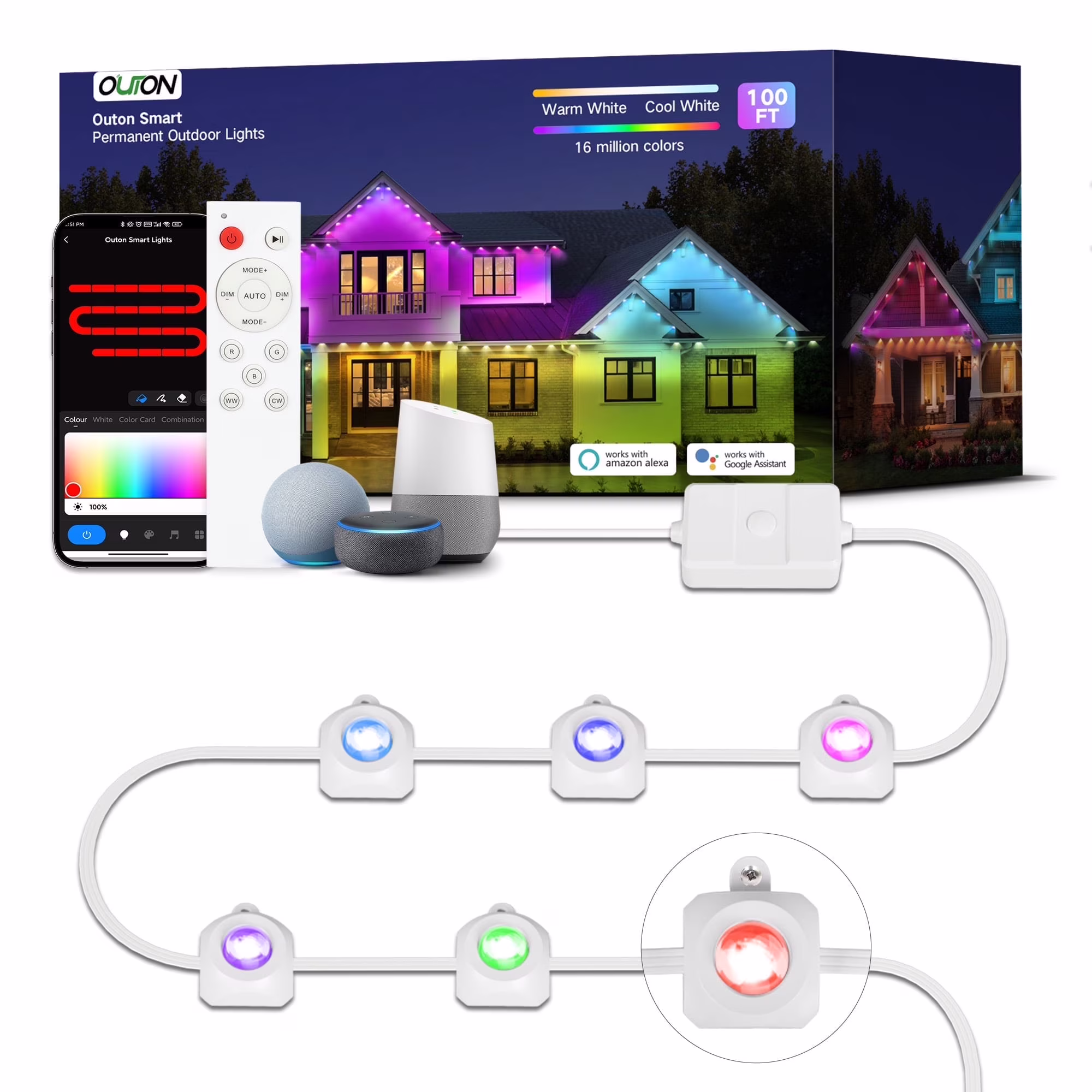 Waterproof Permanent Outdoor Lights, 100ft Smart RGBIC String Lights with DIY Scene Modes, 72 LED Lights for Holiday Decor, Party, Game Day,Work with Alexa, Google Assistant
