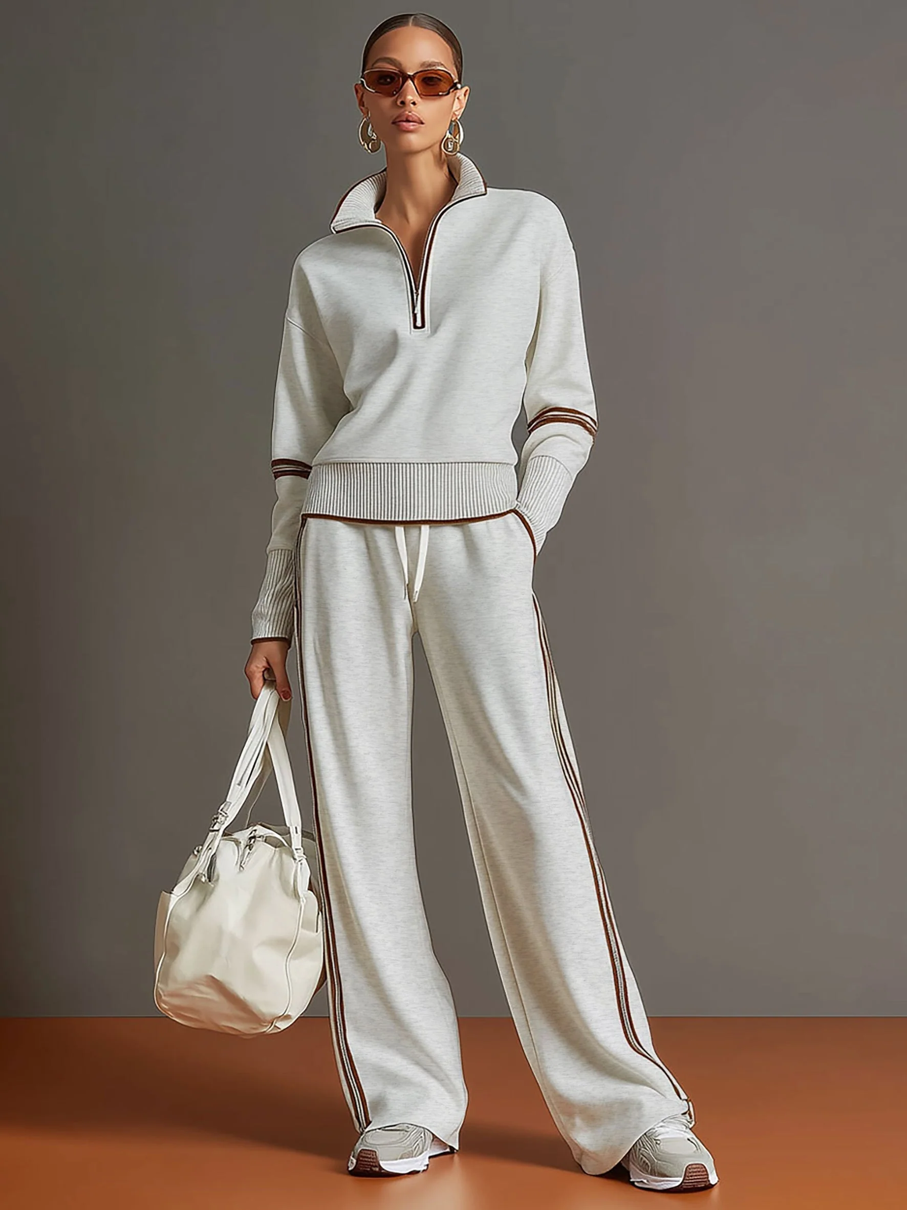 Ensemble sweat à demi-fermeture éclair et pantalon à jambes larges
