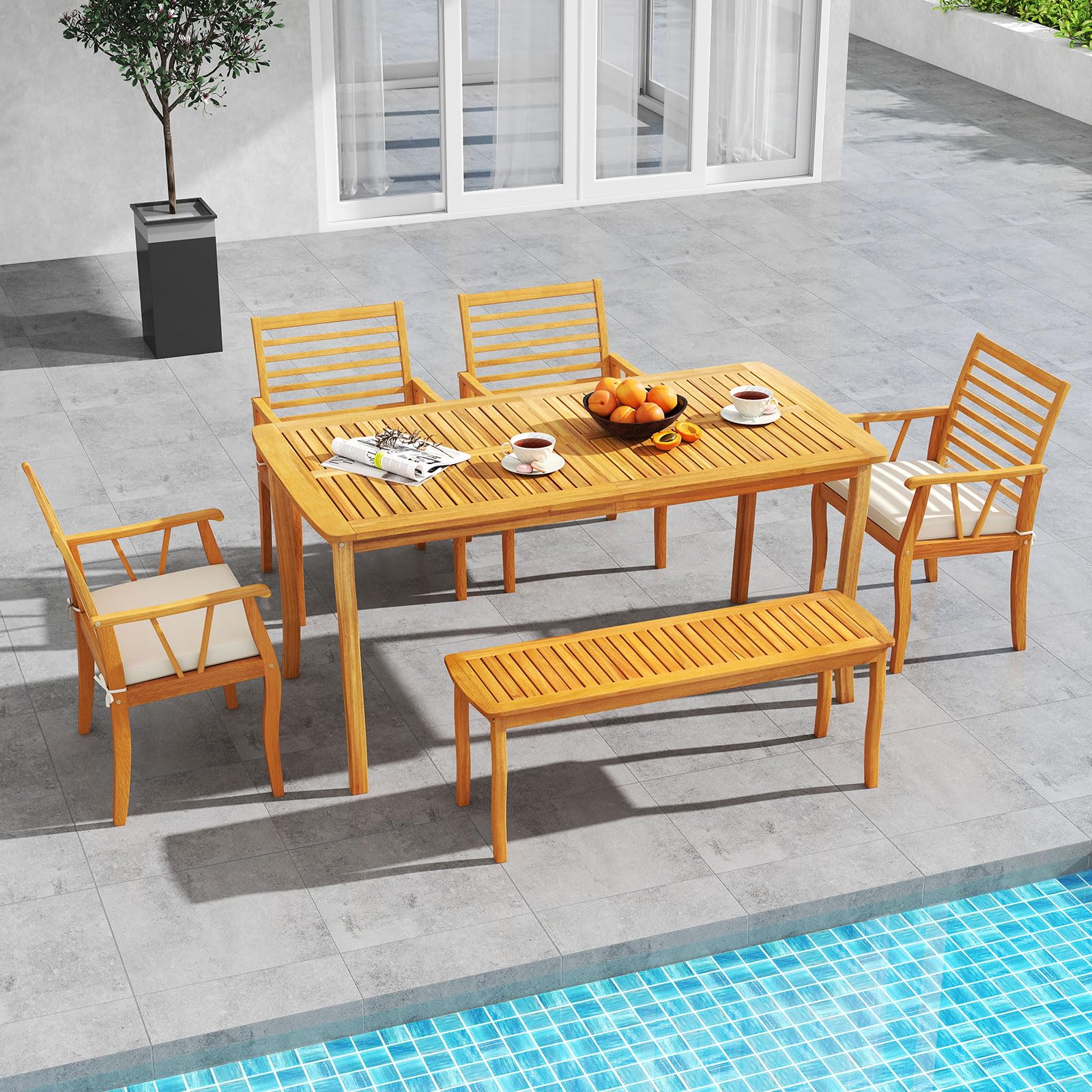 Tangkula 6 Pieces Acacia Wood Patio Dining Set with Bench
