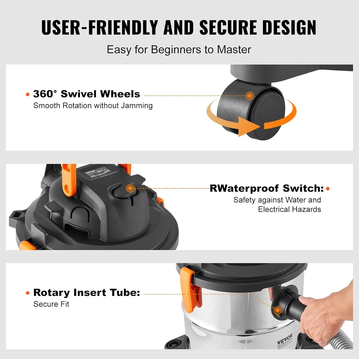 Stainless Steel Wet Dry Shop Vacuum, 5.5 Gallon 6 Peak HP Wet/Dry Vac, Powerful Suction with Blower Function w/Attachment 2-in-1 Crevice Nozzle, Small Vac Perfect for Carpet Debris, Pet Hair - Image 7