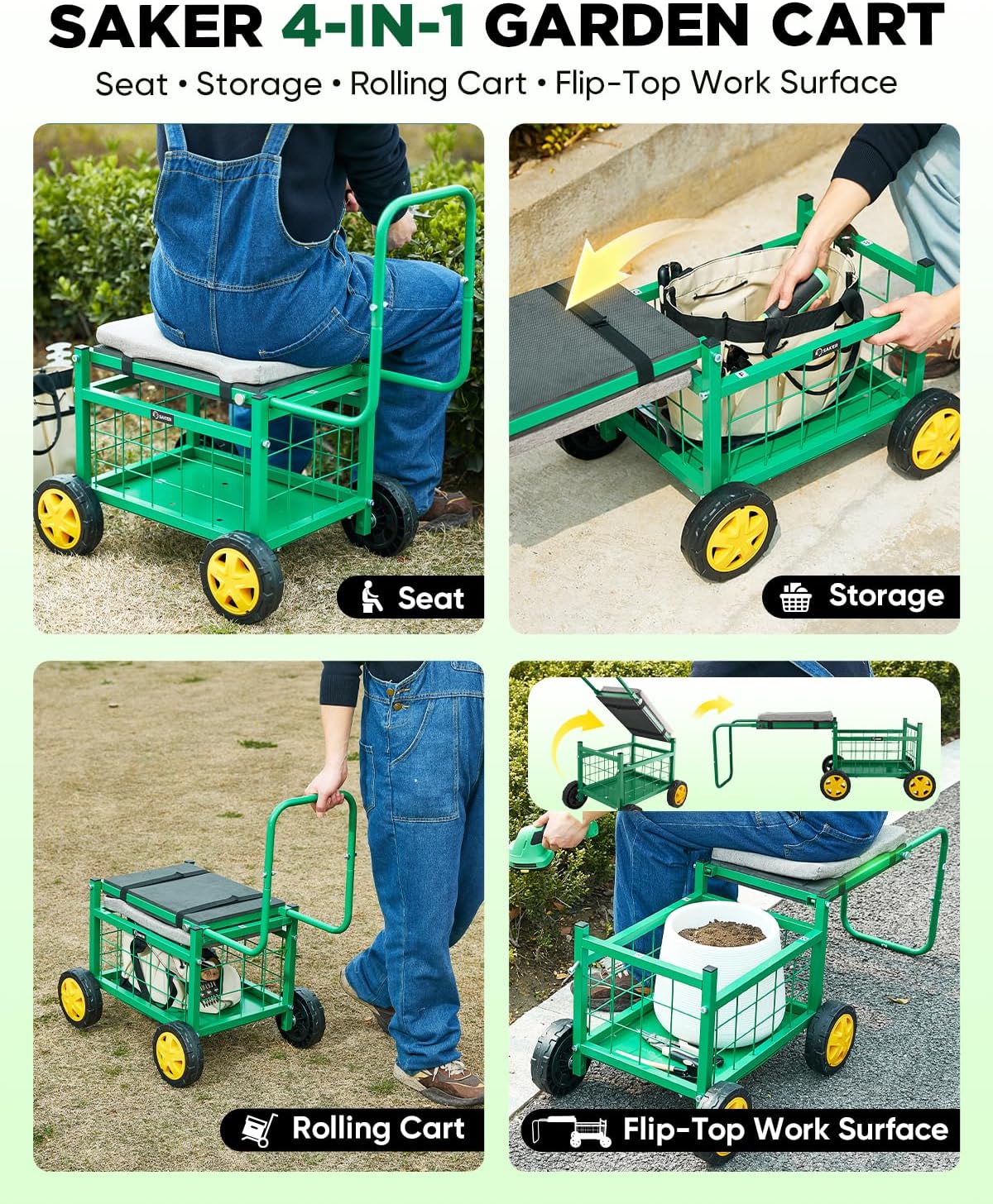 Saker Rolling Garden Cart with Seat & Wheels 15.7