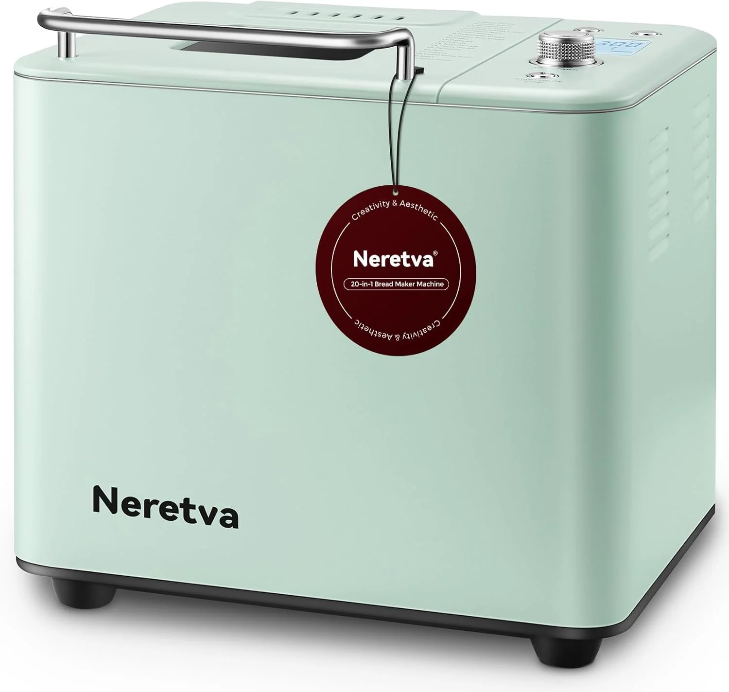 Machine à pain Neretva 20 en 1, 900 g, double résistance, automatique, cuve en céramique antiadhésive, minuterie 15 h et fonction maintien au chaud 1 h, silencieuse, en acier inoxydable, coloris vert.