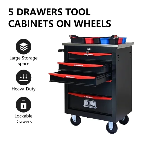 POVANLI 5 Drawer Portable Tool Box With Wheels,Tool Chest With Key Locking Tool Boxes/Organizers Black&Red