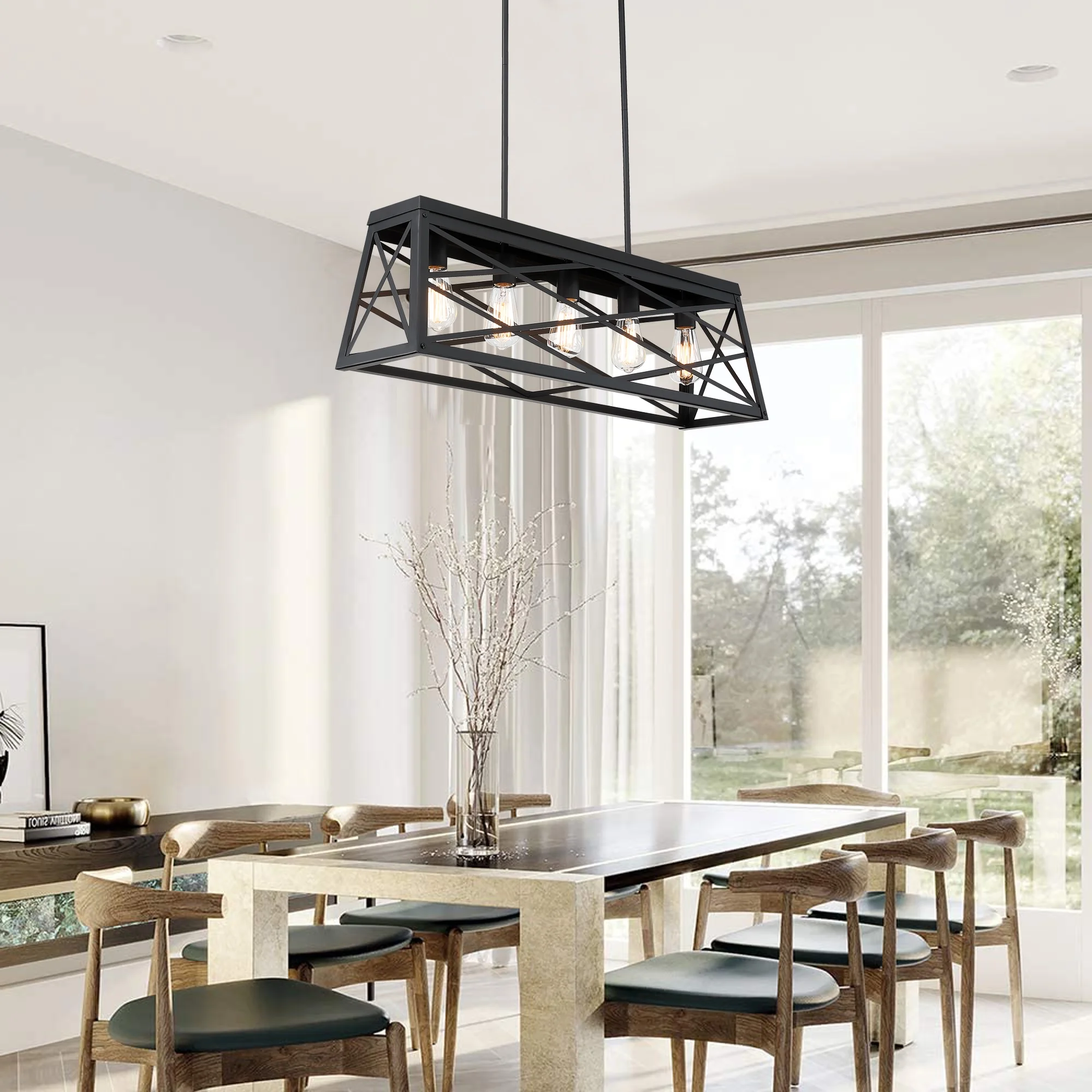 5-Light Farmhouse Matte Black Chandelier Industrial Pendant Lighting for Kitchen Island for Dining Room, Living Room